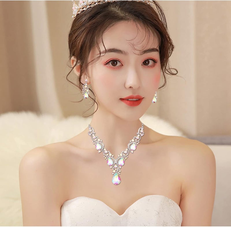 CSY Women's Elegant Bridal Necklace Earrings Stretch Bangle Bracelsts Set for Bride Bridesmaid Wedding Teardrop Crystal Costume Jewelry Sets - Image 2